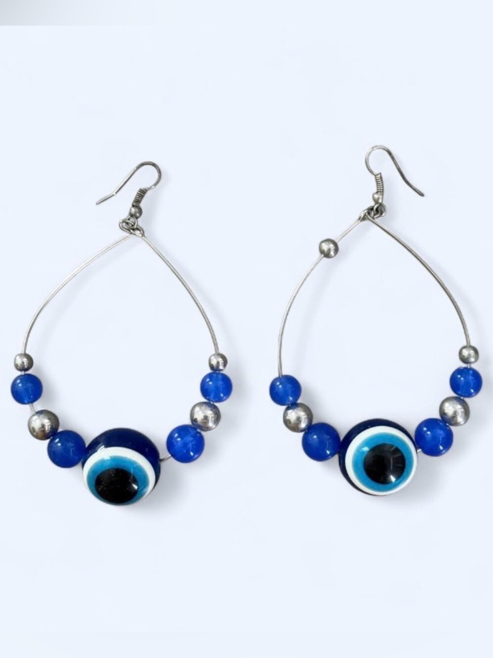 Blue Evil Eye Hoop Earrings with Bead Accents